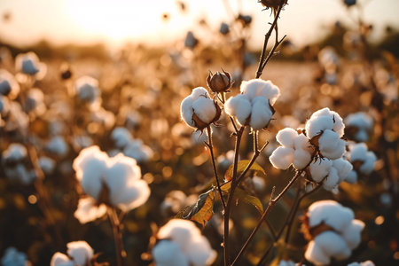 Cotton farm during harvest season. Field of cotton plants with white bolls. Sustainable and eco-friendly practice on a cotton farm. Organic farming. Raw material for textile industry. Generative AI.の素材