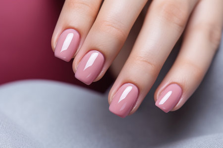 Glamour woman hand with light pink nail polish on her fingernails. Pink nail manicure with gel polish at a luxury beauty salon. Nail art and design. Female hand model. French manicure. Generative AI.の素材