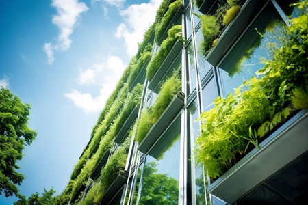 Eco-friendly building in the modern city. Sustainable glass office building with tree for reducing carbon dioxide. Office building with green environment. Corporate building reduce CO2. Generative AIの素材