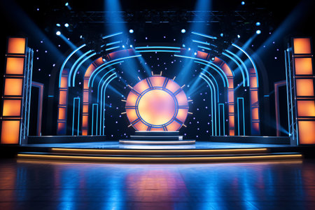 Modern dance stage light background with spotlight illuminated for modern dance production stage. Empty stage with creative lighting. Stage lighting art design. Entertainment show. Generative AI.の素材