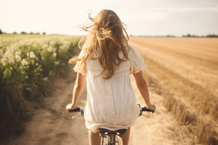 Sustainable travel. Rear view of young woman riding bicycle. Sustainable tourism and low carbon footprint. Eco-friendly journey to promote green transportation. Eco-friendly transport. Generative AI.の素材