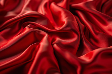 Red smooth satin or silk texture background. Red fabric abstract texture. Luxury satin cloth. Silky and wavy folds of silk texture. Rippled satin cloth. Premium silk fabric texture. Generative AI.の素材