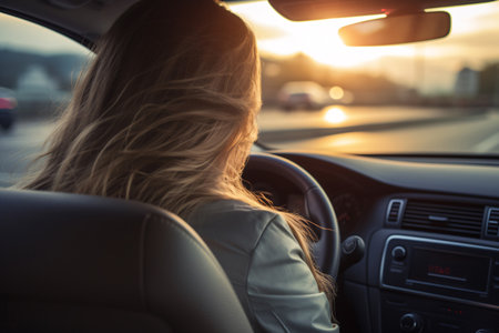 Back view of woman driving car for summer vacation travel. Car driving with safety on highway. Driver hand holding steering wheel for control car. Inside view of car. Woman on road trip. Generative AIの素材