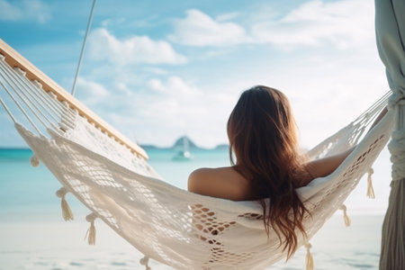 Rear view of happy woman lying relaxed on a white hammock on summer vacation at sea beach. Summer travel at tropical sea. Summer vibes at resort on island. Relaxation at paradise beach Generative AI.の素材