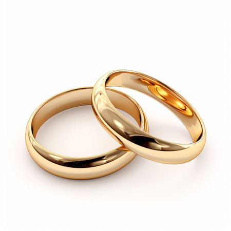 Shiny gold wedding rings isolated on white background, symbolizing love and commitment. Marriage ceremony jewelry concept. Pair of precious gold wedding bands. Eternal bond of marriage. Generative AI.の素材