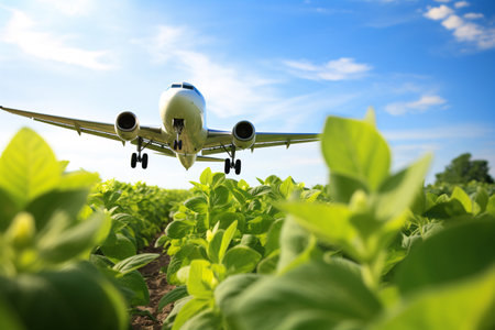 Sustainable aviation fuel concept. Net zero emissions flight. Sustainability transportation. Eco-friendly aviation fuel. Commercial airplane use biofuel energy flying above soybean farm. Generative AIの素材