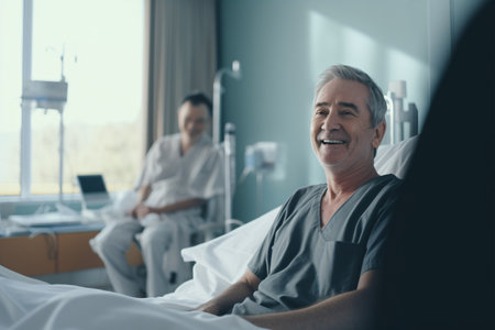 Smiling senior man in hospital bed. Elderly person illness. Old man healthcare. Retirement man in hospital room. Elderly Wellness. Happy senior man talking consultant with a doctor. Generative AI.の素材