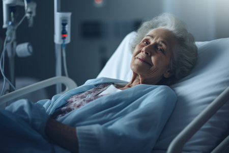 Senior woman recovery in hospital bed. Old woman patient in a hospital room. Elderly person illness. Old woman healthcare. Retirement woman in hospital room. Elderly Healthcare Support. Generative AI.の素材