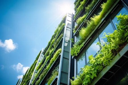 Eco-friendly building in the modern city. Sustainable glass office building with tree for reducing carbon dioxide. Office building with green environment. Corporate building reduce CO2. Generative AIの素材
