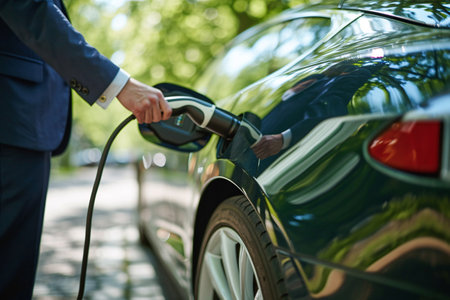 A person in a business suit is charging an electric vehicle at a charging station, highlighting the shift towards sustainable transportation. Generative AI.の素材
