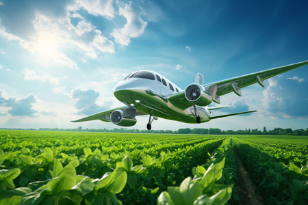 Sustainable aviation fuel concept. Net zero emissions flight. Sustainability transportation. Eco-friendly aviation fuel. Commercial airplane use biofuel energy flying above soybean farm. Generative AIの素材
