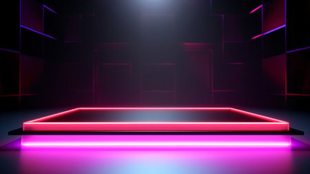 Abstract neon light geometric background. Rectangle stage product display. Glowing neon lines. Empty futuristic stage laser. Rectangular laser lines. Square stage. Laser show design. Generative AI.の素材