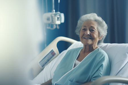 Smiling senior woman in hospital bed. Dementia and alzheimer patient concept. Elderly person illness. Old woman healthcare.  Retirement woman in hospital room. Elderly Wellness. Generative AI.の素材