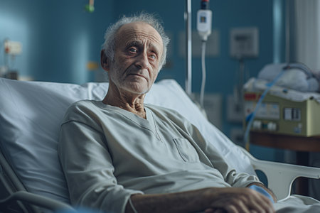 Anxiety senior man in hospital bed. Old man mental health struggle on bed, elderly patient care. Elderly patient in hospital room. Elderly healthcare support. Anxiety disorder. Generative AI.の素材