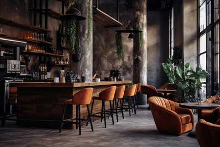 A bar with a lot of chairs and a plant in the cornerの素材