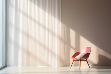 A pink chair sits in front of a window, with the sunlight shining on it. The room is empty and the chair is the only piece of furnitureの素材