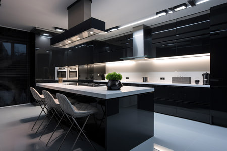 A modern black kitchen with a white countertop and a black island. The kitchen is well-lit and has a sleek, minimalist designの素材