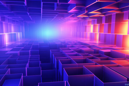 A blue and purple room with a bright light shining on the wall. The room is filled with many boxes, and the light is coming from the ceiling. The room has a futuristic and industrial feel to itの素材