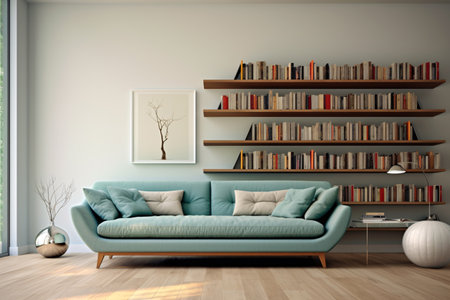 A living room with a blue couch and a white wall. The couch is surrounded by a large number of books on shelvesの素材