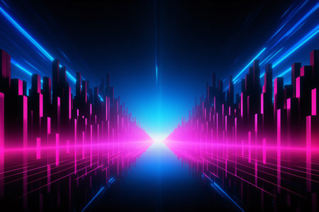 A long blue and pink cityscape with buildings and a bright lightの素材