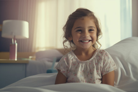 A young girl is sitting on a bed with a smile on her face. She is wearing a pink shirt and has her hair in a bun. The room is well-lit and has a cozy atmosphereの素材