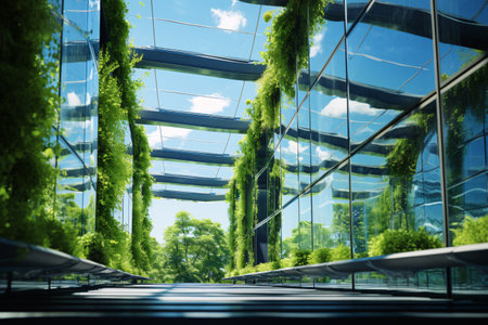 A large building with a green roof and a green plant growing on the side. The building is surrounded by trees and has a lot of greeneryの素材