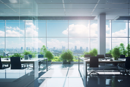A large office space with a view of the city and a lot of greeneryの素材