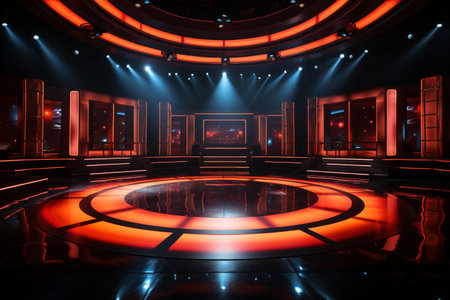 Modern dance stage light background with spotlight illuminated for modern dance production stage. Empty stage with creative lighting. Stage lighting art design. Entertainment show. Generative AI.の素材