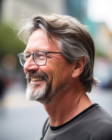 A man with a beard and glasses is smiling. He is wearing a black shirt and a black backpackの素材