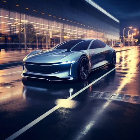 A futuristic car is driving down a wet street at night. The car is sleek and modern, with a shiny silver exterior. The street is illuminated by streetlights, creating a moody atmosphereの素材