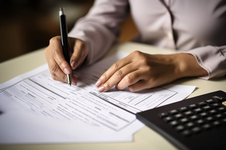 A woman is writing on a piece of paper with a pen. She is focused on her task and she is in a serious moodの素材