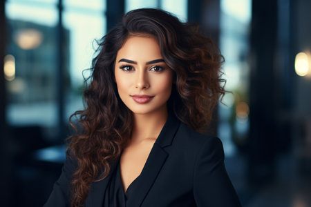 Confident and happy female executive with a smile, showcasing leadership and success as a young entrepreneur in a corporate settingの素材