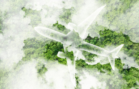 Sustainable aviation fuel concept. Net zero emissions flight. Sustainability transportation. Eco-friendly aviation fuel. Air travel. Future of flight with green innovation. Airplane use biofuel energyの写真素材