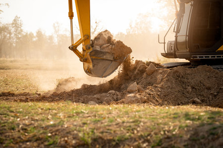 Backhoe working by digging soil at construction site.  Crawler excavator digging on demolition site. Excavating machine. Earth moving machine. Excavation vehicle. Construction business.の写真素材