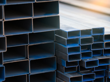 Industrial warehouse stock of rectangular metal pipes for building and construction supplies. Stack of steel pipes. Iron materials for construction and infrastructure projects. Steel tubing storage.の写真素材