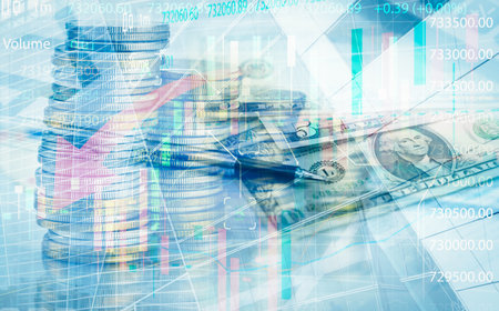Business finance and the economy revolve around markets, exchanges, graphs, financial currencies, and economic concepts, driving investment growth, amassing wealth through analysis of cash flowの写真素材