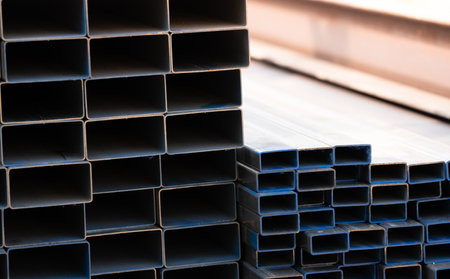 Industrial warehouse stock of rectangular metal pipes for building and construction supplies. Stack of steel pipes. Iron materials for construction and infrastructure projects. Steel tubing storage.の写真素材