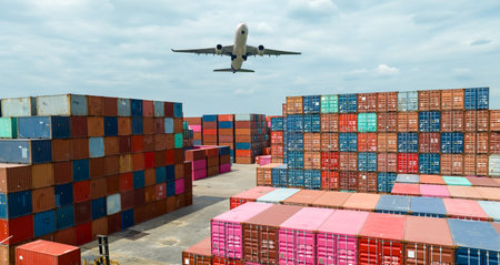 Airplane flying above container logistic. Container crisis. Freight transportation. Logistic industry. Container ship for export logistics. Container at the harbor for truck transport. Air transport.の写真素材