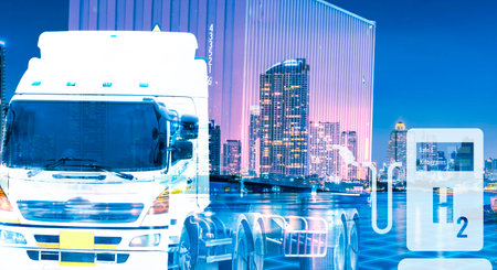 Electric truck and hydrogen fueling station in sustainable city. Zero emission transport with hydrogen fuel cell vehicles and green technology. Hydrogen economy. Commercial logistic truck transport.の写真素材