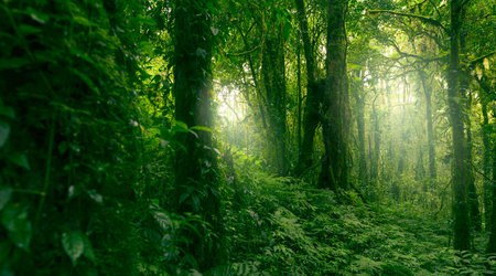 Green tree forest with sunlight through green leaves. Natural carbon capture and carbon credit...