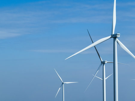 Wind energy. Wind power. Sustainable, renewable energy. Wind turbines generate electricity. Wind farm. Sustainable resources. Sustainable development. Green technology for energy sustainability.の写真素材