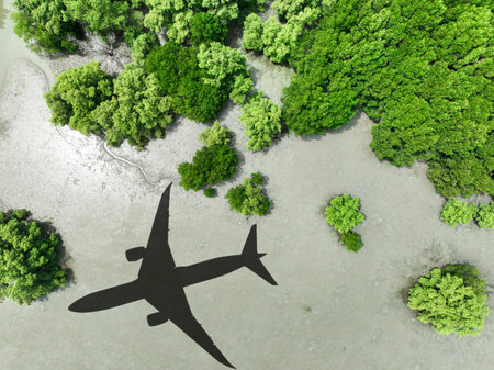 Shadow airplane flying above mangrove forest. Sustainable fuel. Biofuel in aviation. Sustainable transportation and eco-friendly flight with biofuel use. Aviation sustainability. Mangroves capture CO2の写真素材