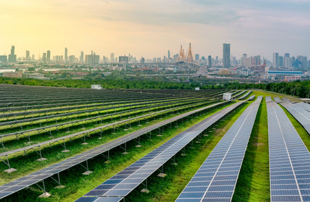 Sustainable city with green energy and net zero emissions. Solar power. Renewable resources. Eco-friendly urban planning and environmental conservation. Carbon neutrality. Eco-conscious infrastructureの写真素材