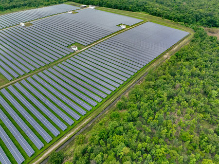 Solar farm and sun light. Solar power for green energy. Sustainable renewable energy. Photovoltaic...