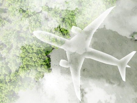 Sustainable aviation fuel concept. Net zero emissions flight. Sustainability transportation. Eco-friendly aviation fuel. Air travel. Future of flight with green innovation. Airplane use biofuel energyの写真素材