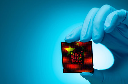China's chip industry with electronic engineer holding computer chip. Electronic components in CPU and motherboard manufacturing sector. China role of semiconductors in the electronics industry.の写真素材