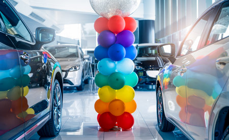 Car parked in luxury showroom. Car dealership office. Car showroom business. New car parked in modern showroom. Auto for sale and rent business. Automobile leasing and insurance. Electric automobile.の写真素材