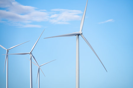 Wind energy. Wind power. Sustainable, renewable energy. Wind turbines generate electricity. Wind farm. Sustainable resources. Sustainable development. Green technology for energy sustainability.の写真素材