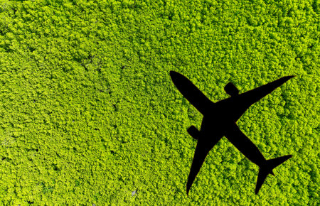 Shadow airplane flying above green mangrove forest. Sustainable fuel. Use biofuel in aviation for sustainable transportation. Reduction carbon emissions. Eco-friendly flight. Aviation sustainability.の写真素材