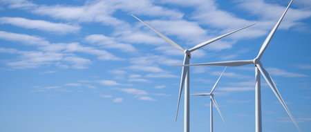 Wind energy and sustainable power generation with wind turbines, Eco-friendly solutions for renewable resources. Wind power farm and sustainable development of renewable energy, green technology.の写真素材